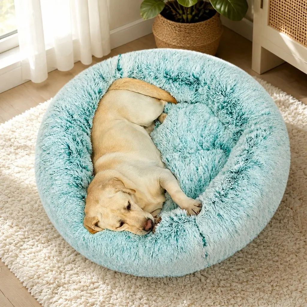 Dog Calming Bed Cover Medium Teal Plush Donut-Shaped Replacement Cover