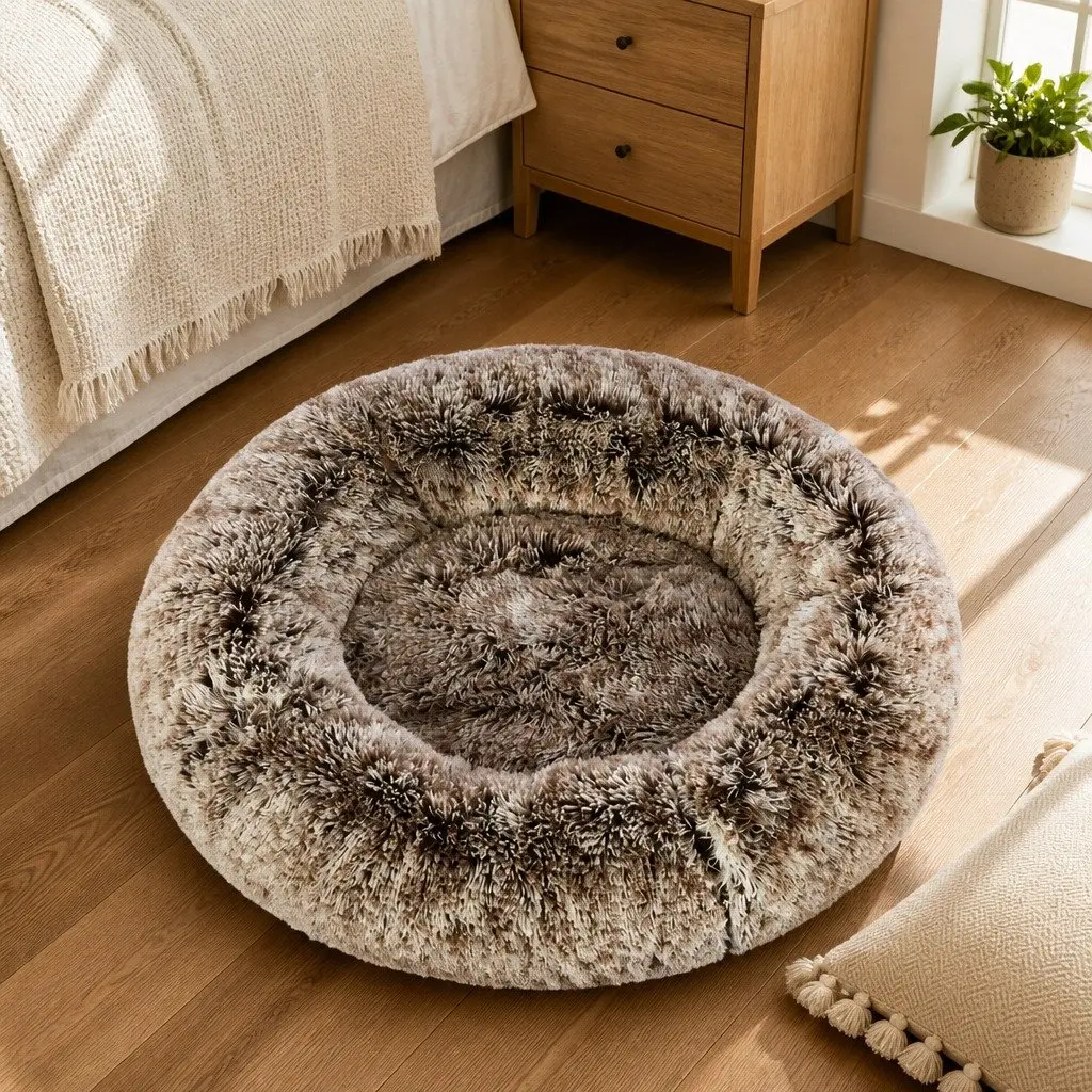 Pet Bed Donut Shaped Calming Nest Plush XL Brown