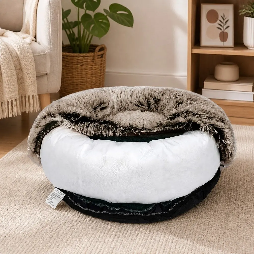 Pet Bed Donut Shaped Calming Nest Plush XL Brown