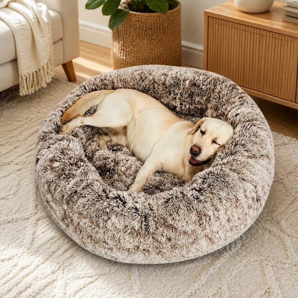 Pet Bed Donut Shaped Calming Nest Plush XL Brown