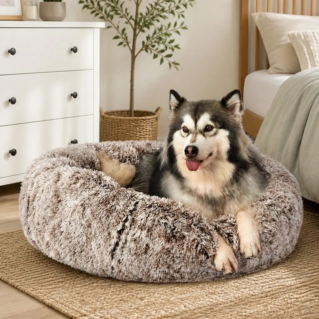 Pet Bed Donut Shaped Calming Nest Plush XL Brown