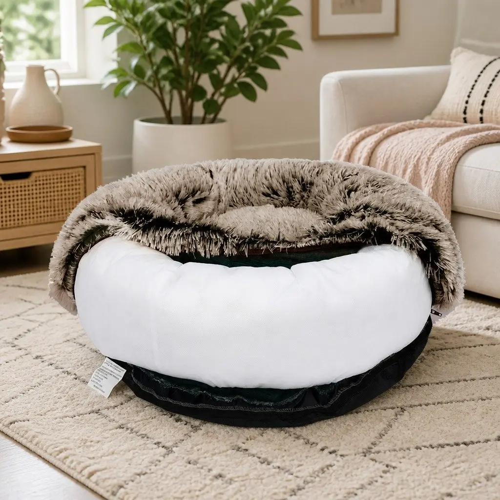 Pet Calming Bed Replaceable Cover XXL Brown Machine Washable Dog Cat Donut