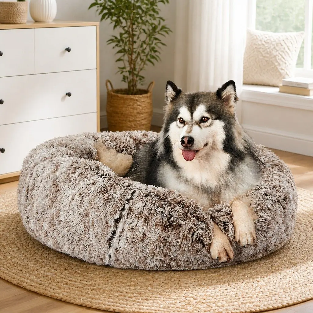 Pet Calming Bed Replaceable Cover XXL Brown Machine Washable Dog Cat Donut