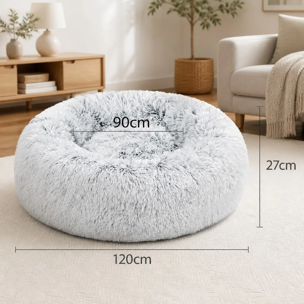 XXL Charcoal Donut-Shape Dog Calming Bed Cover Removable Plush Pet Cushion