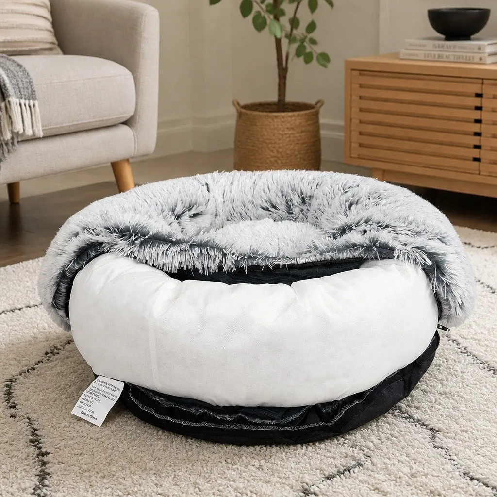 XXL Charcoal Donut-Shape Dog Calming Bed Cover Removable Plush Pet Cushion