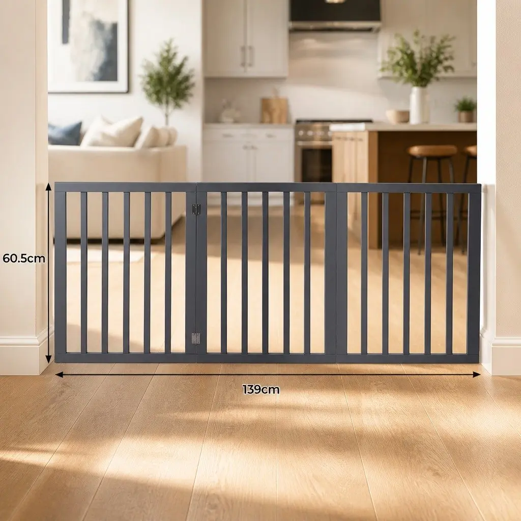 Wooden Pet Gate Foldable Free Standing Indoor Barrier Safety Grey 139cm x 60.5cm x 1.8cm