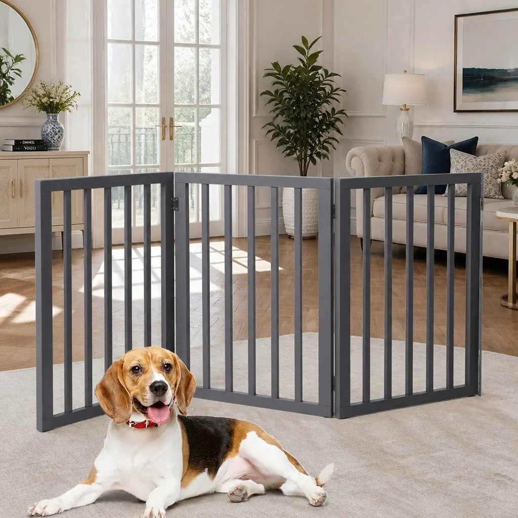Wooden Pet Gate Foldable Free Standing Indoor Barrier Safety Grey 139cm x 60.5cm x 1.8cm