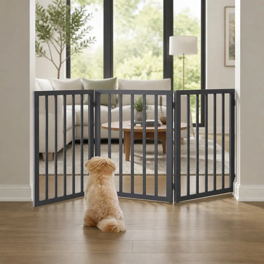 Wooden Pet Gate Foldable Free Standing Indoor Barrier Safety Grey 139cm x 60.5cm x 1.8cm