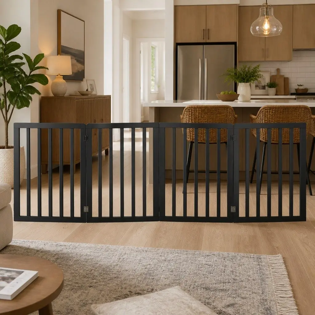 Wooden Pet Gate Foldable Portable Indoor Barrier 185cm W x 60.5cm H