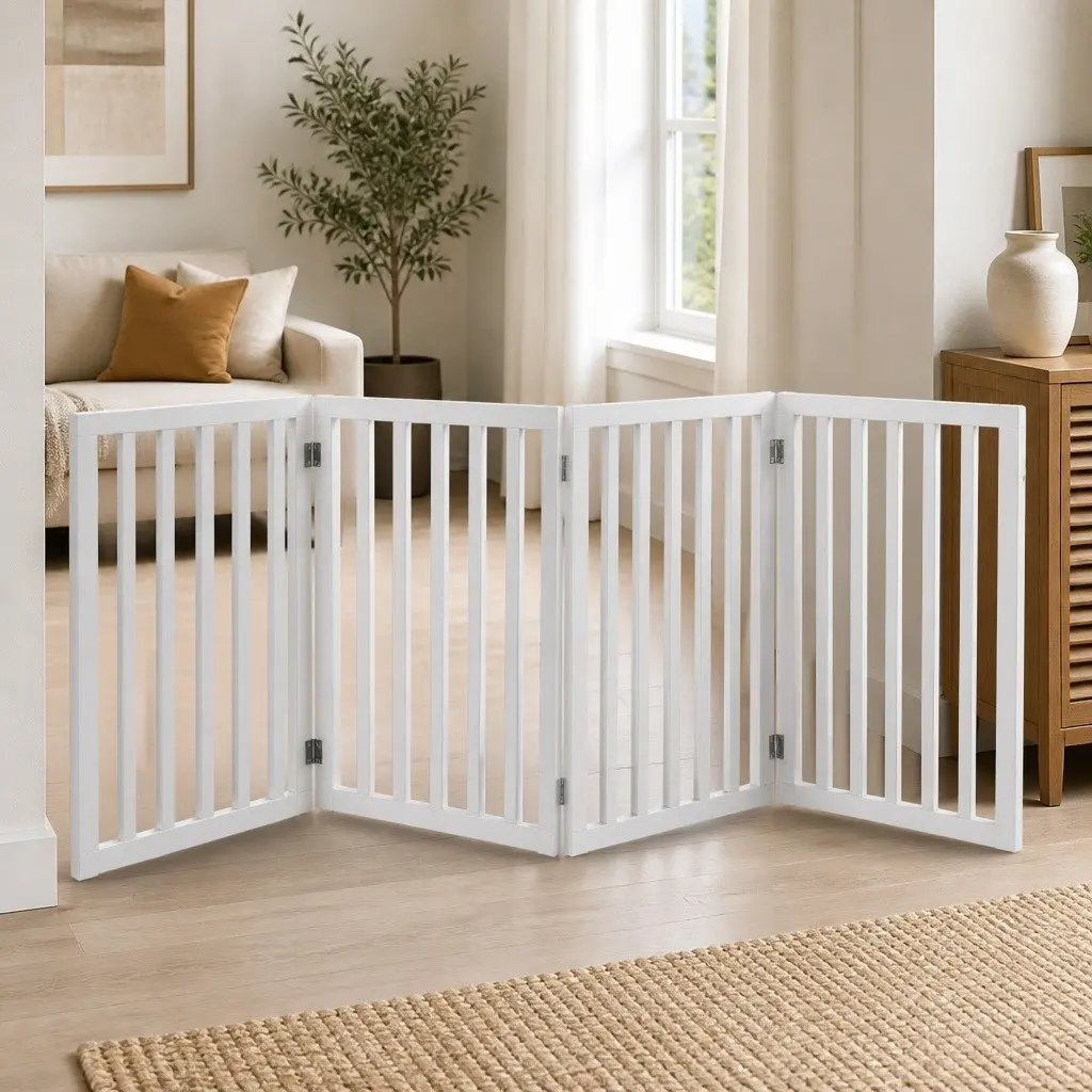 Wooden Pet Gate Dog Fence Foldable Playpen Barrier Indoor Outdoor White 185cm