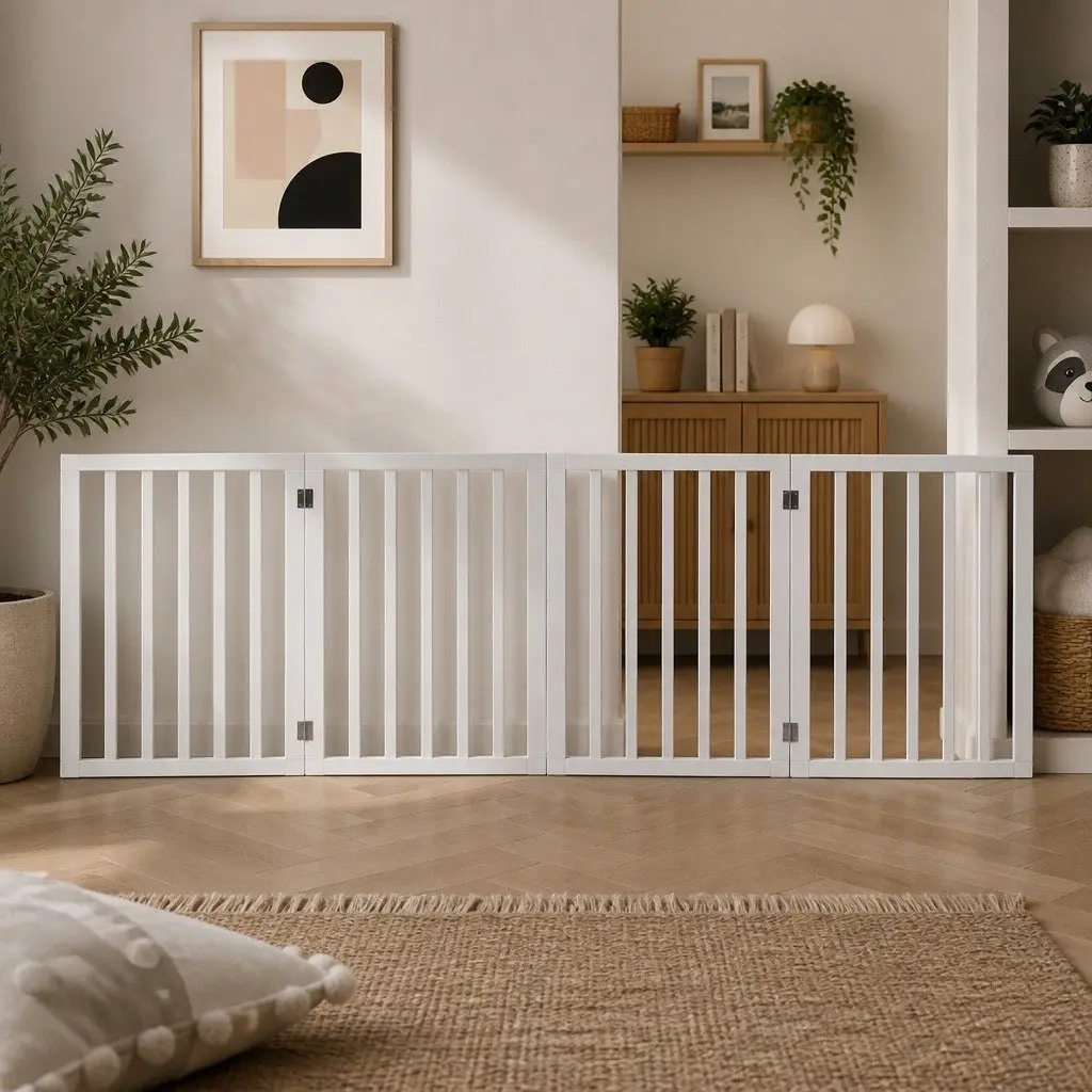 Wooden Pet Gate Dog Fence Foldable Playpen Barrier Indoor Outdoor White 185cm