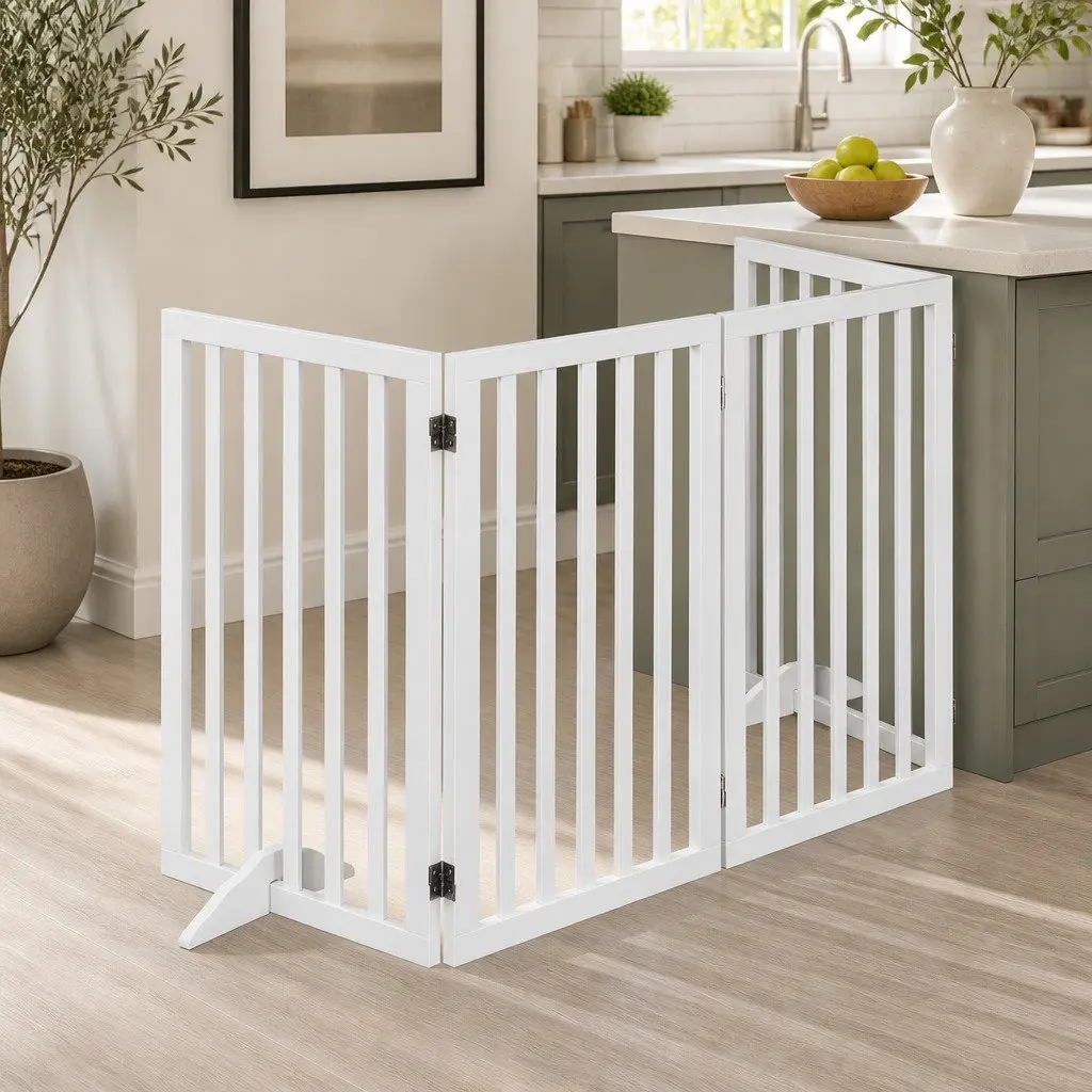 Wooden Pet Gate Freestanding Foldable Safety White 3 Panel 4 Panel 6 Panel