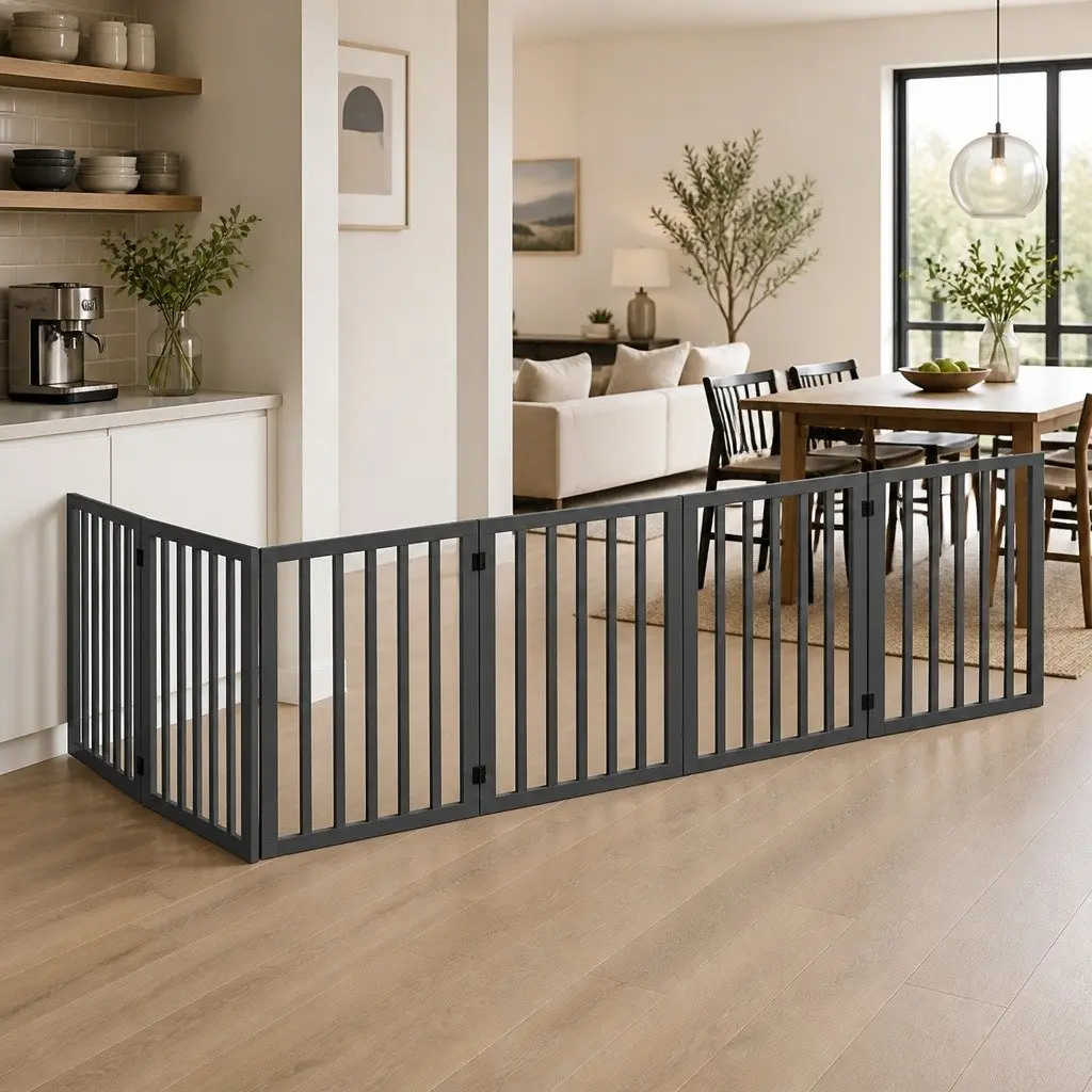 Wooden Pet Gate Foldable Safety Barrier 282cm W x 60.5cm H x 1.8cm D