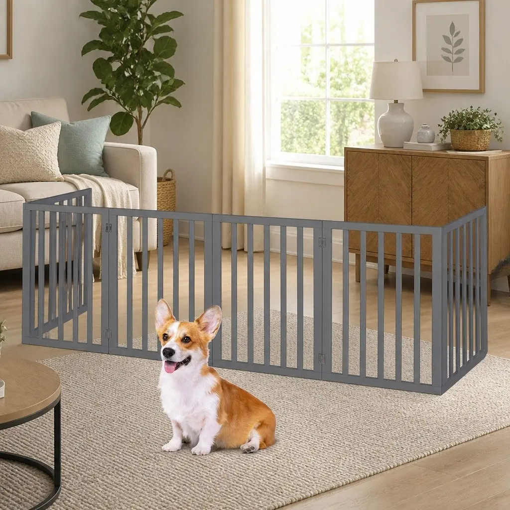 Wooden Pet Gate Foldable Safety Barrier 282cm W x 60.5cm H x 1.8cm D