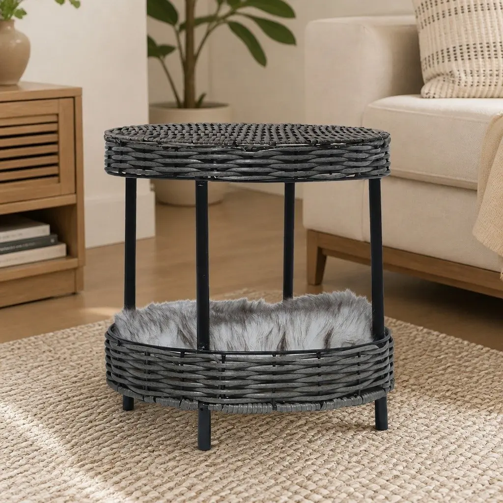 Elevated Rattan Pet Bed Raised Cat House with Soft Cushion Indoor Furniture