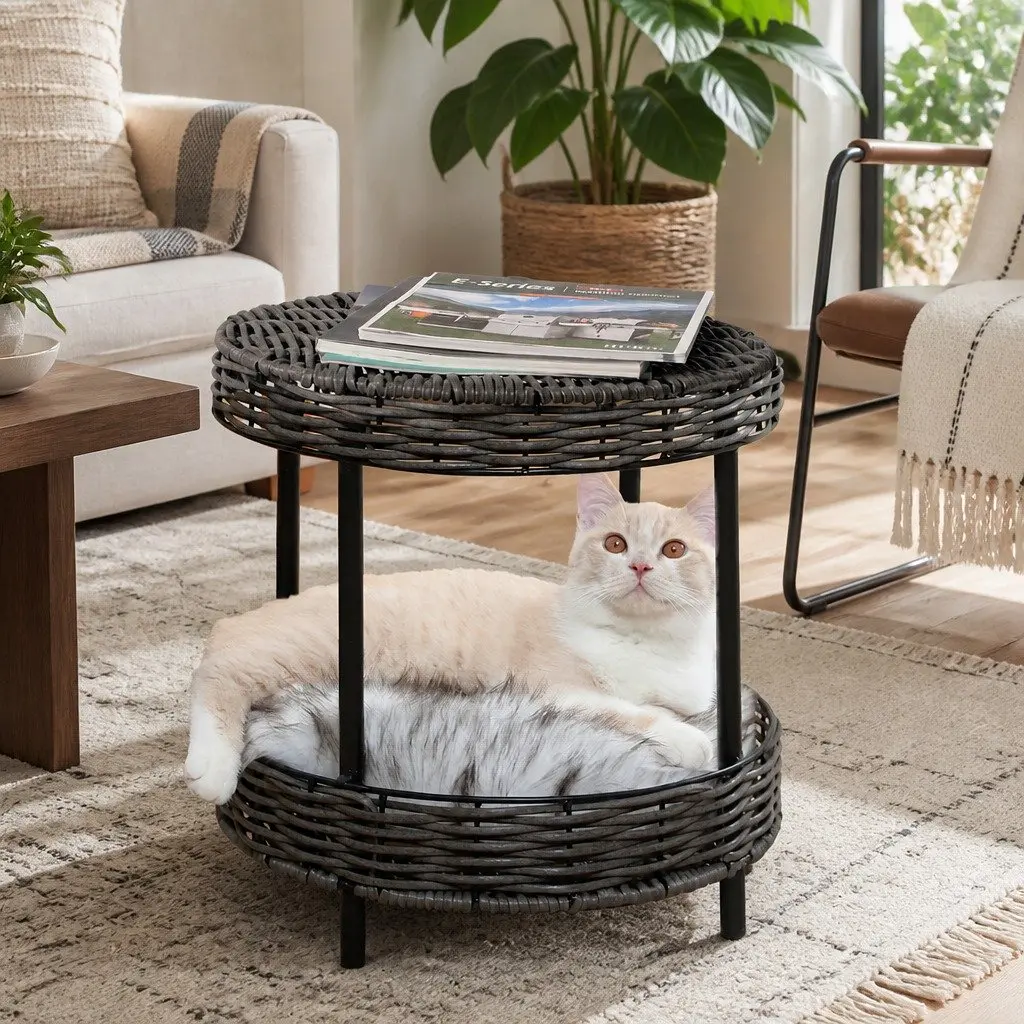 Elevated Rattan Pet Bed Raised Cat House with Soft Cushion Indoor Furniture