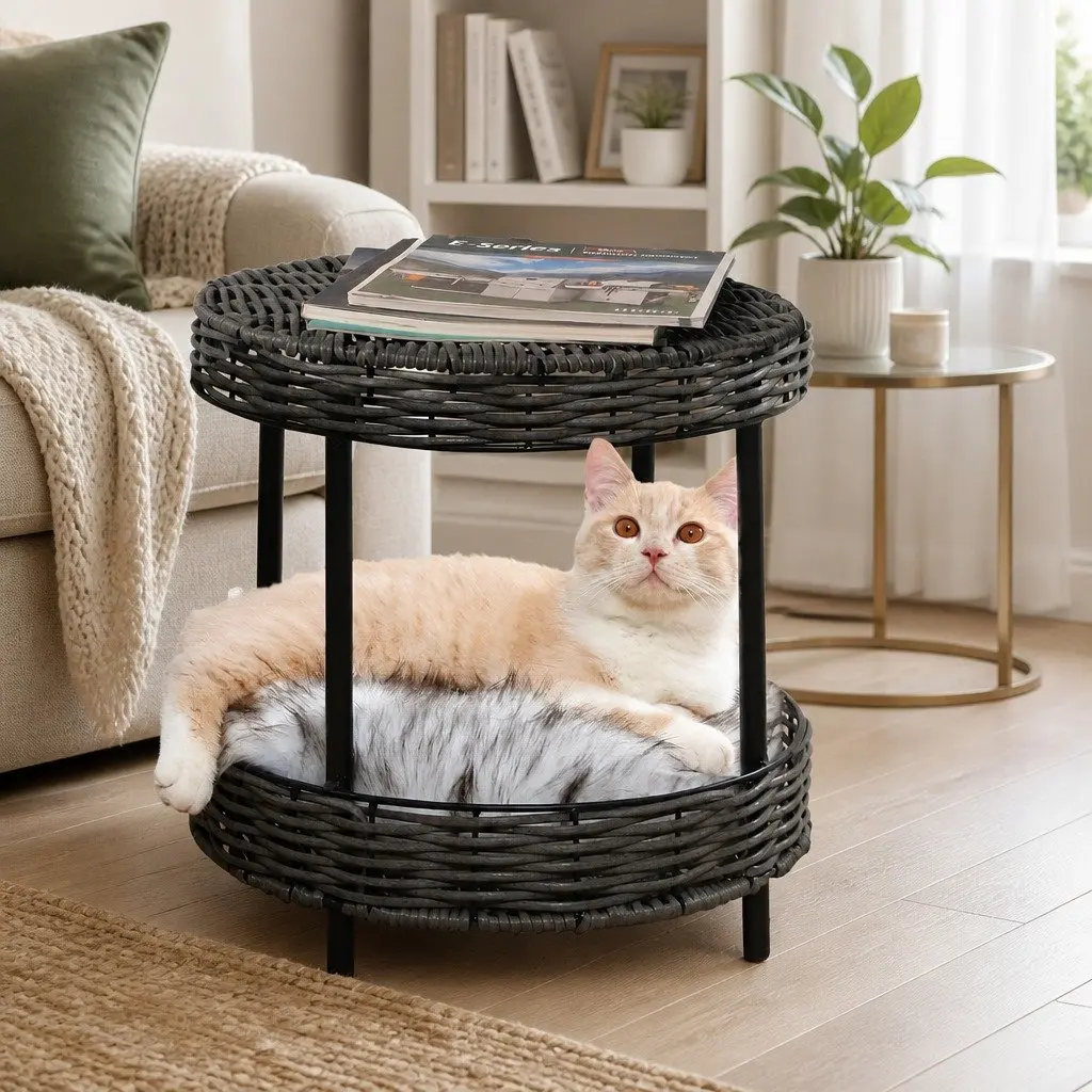 Elevated Rattan Pet Bed Raised Cat House with Soft Cushion Indoor Furniture