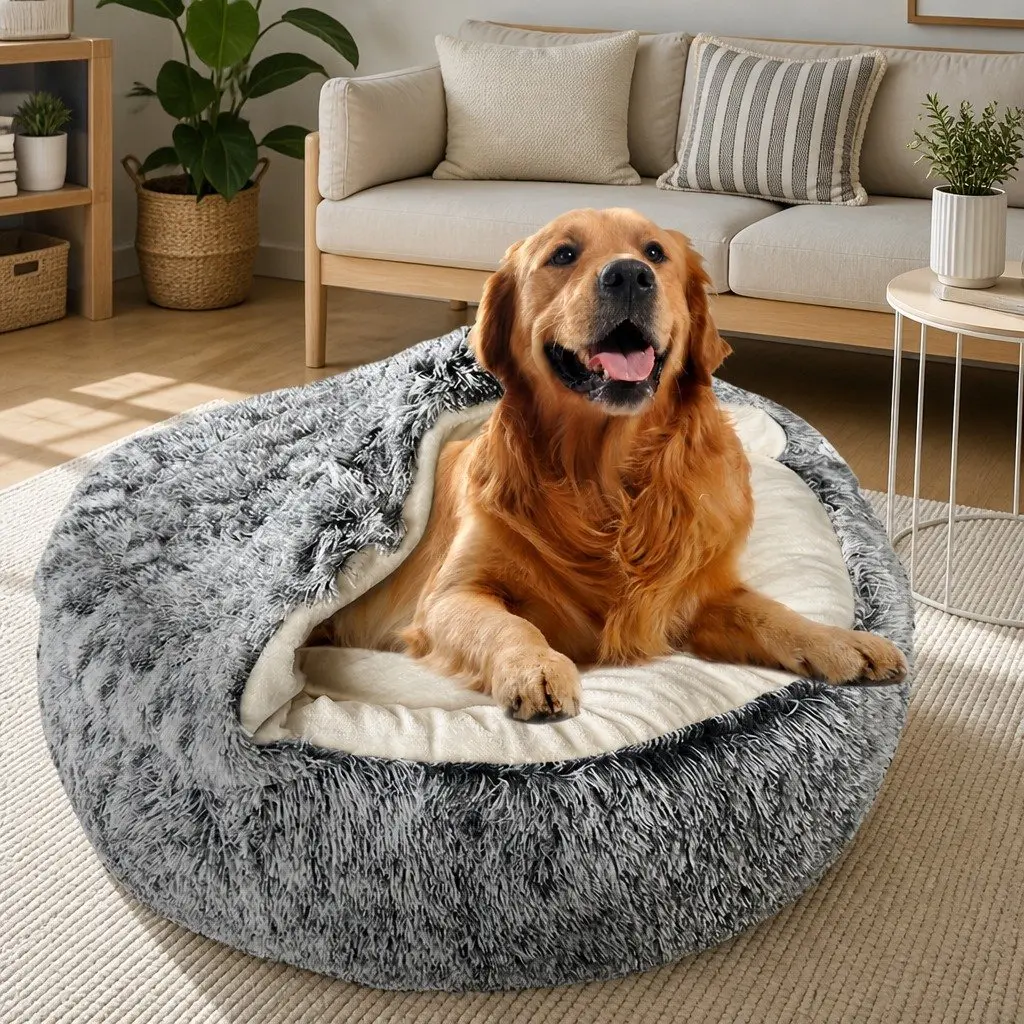 Pet Dog Cat Calming Bed Warm Soft Plush Semi-Enclosed Cave Washable XL