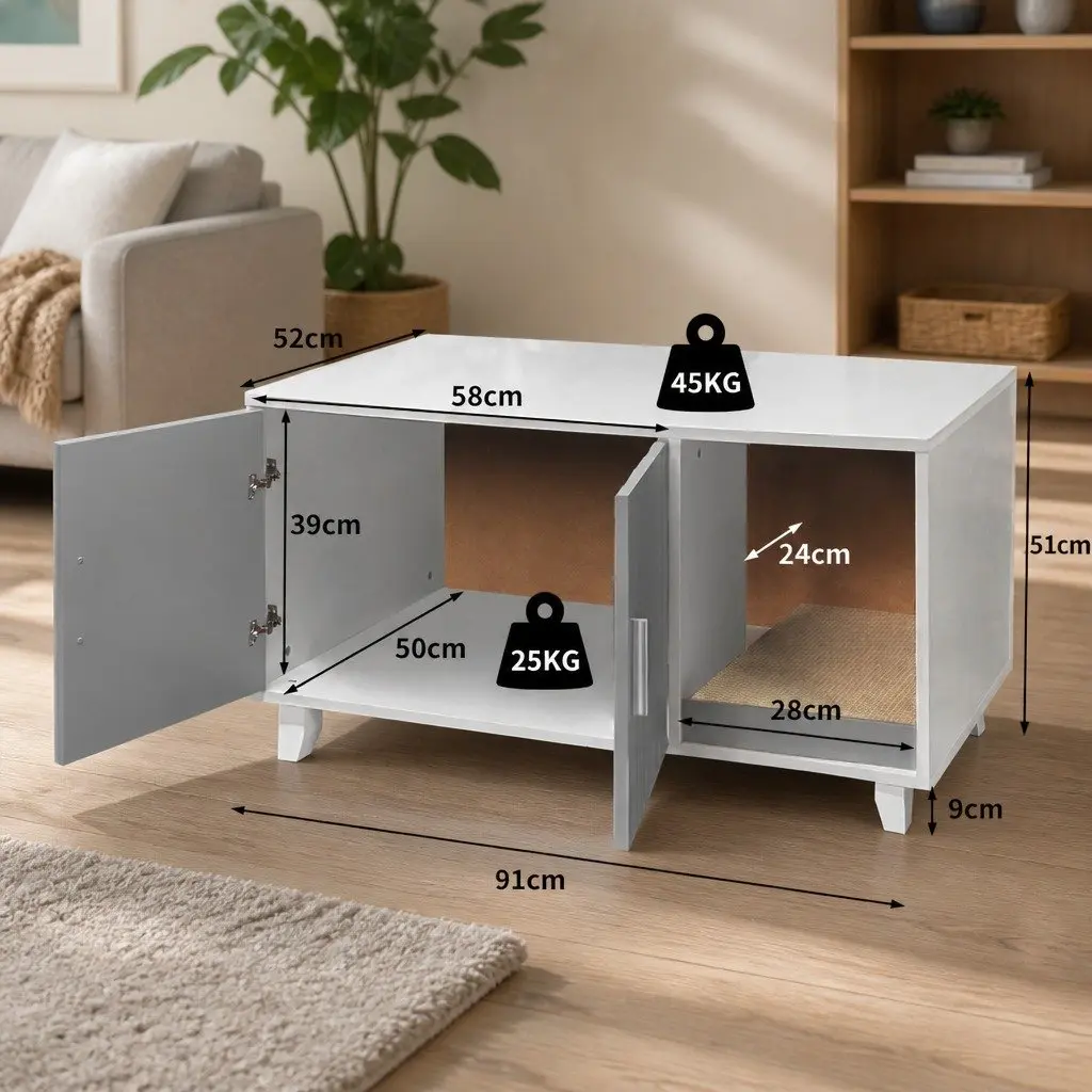 Cat Litter Box Enclosure Cabinet Wooden Furniture Grey 91cm W x 50cm D x 51cm H
