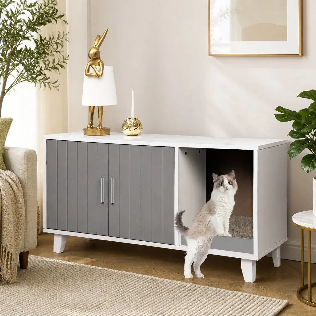 Cat Litter Box Enclosure Cabinet Wooden Furniture Grey 91cm W x 50cm D x 51cm H