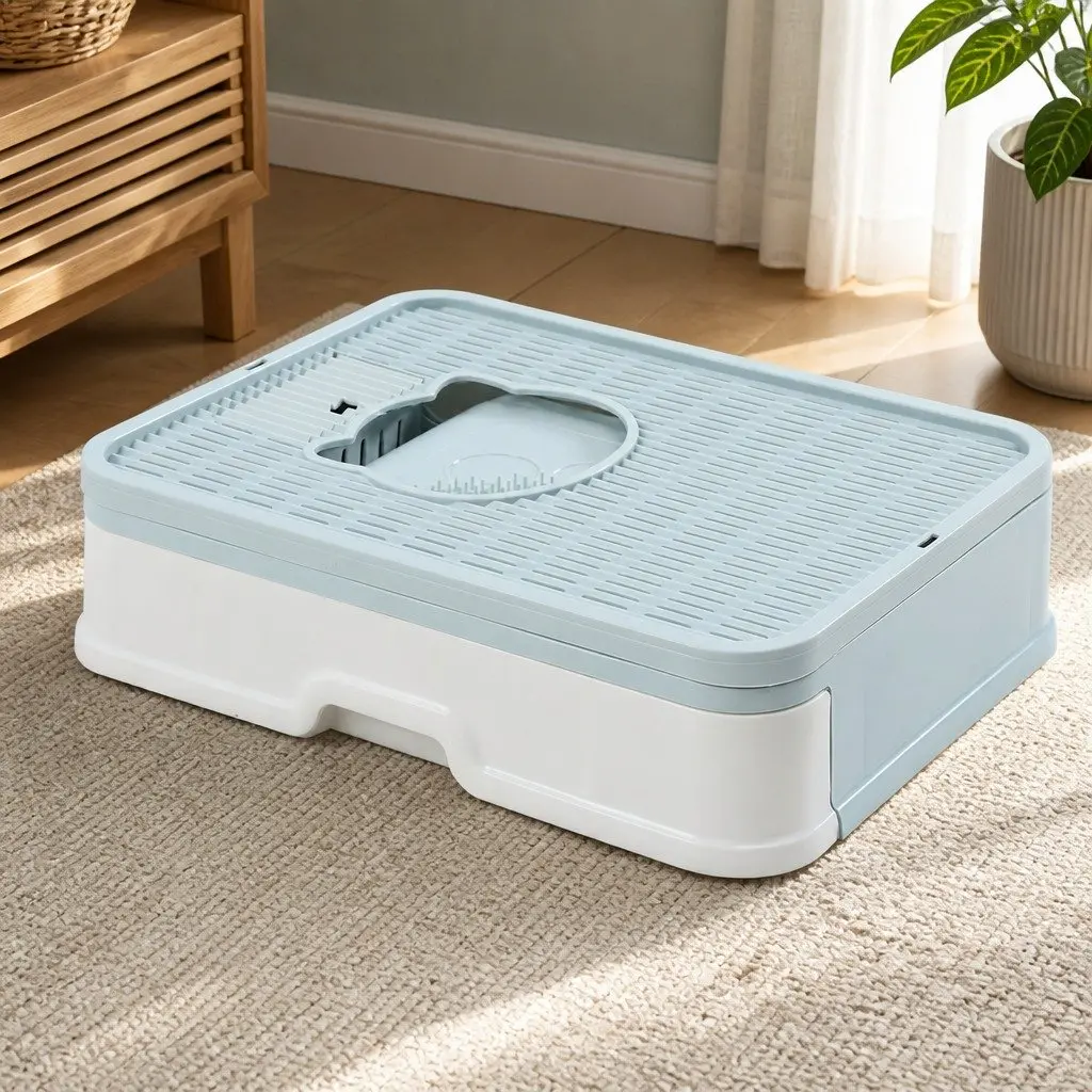 Enclosed Cat Litter Box with Entry Exit Doors and Removable Drawer Foldable Blue