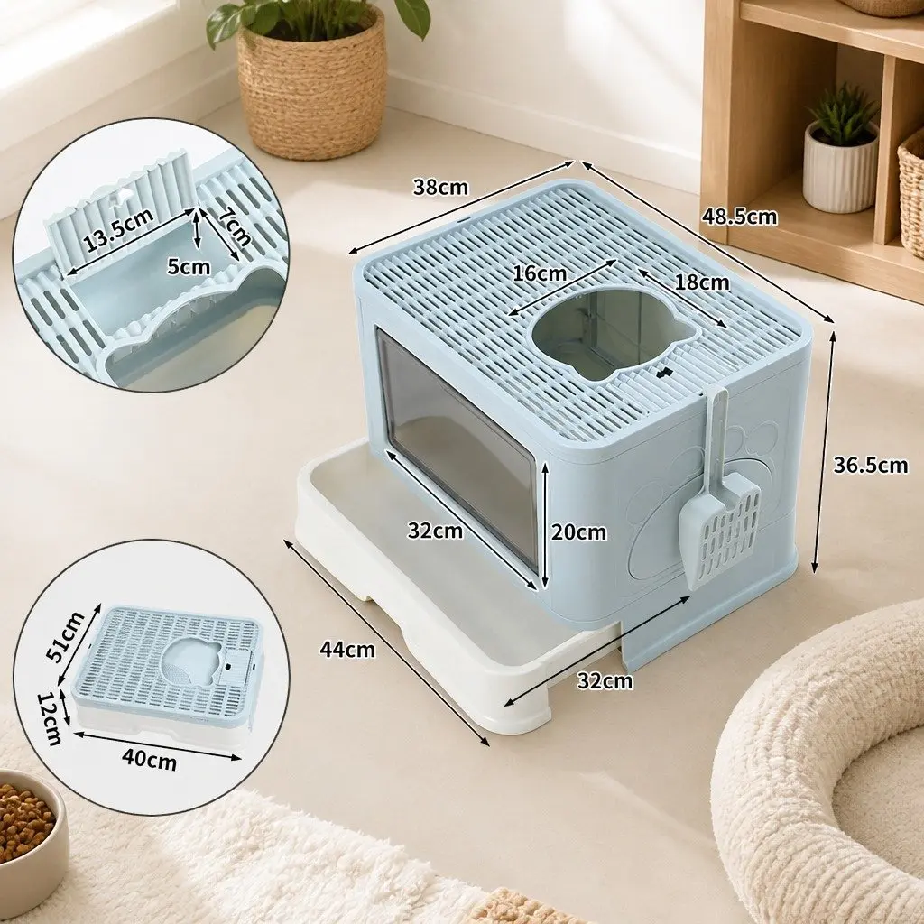 Enclosed Cat Litter Box with Entry Exit Doors and Removable Drawer Foldable Blue