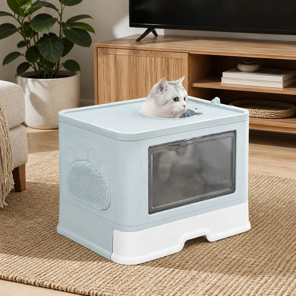 Enclosed Cat Litter Box with Entry Exit Doors and Removable Drawer Foldable Blue