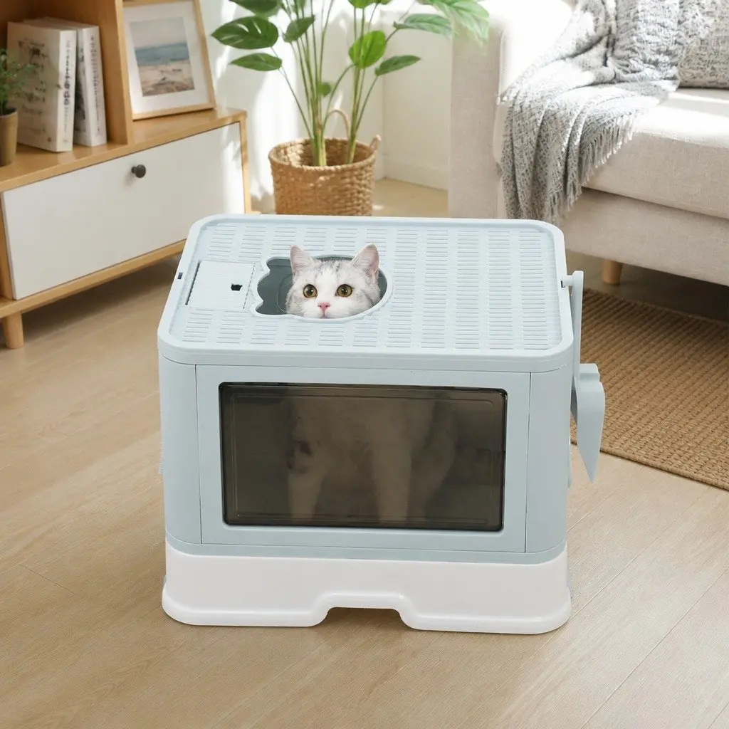 Enclosed Cat Litter Box with Entry Exit Doors and Removable Drawer Foldable Blue