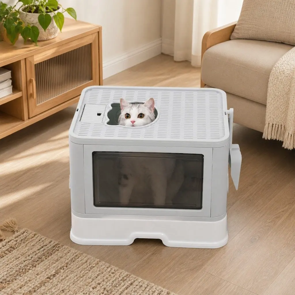 Foldable Cat Litter Box Enclosed Entry Exit Door Removable Drawer Shovel Grey