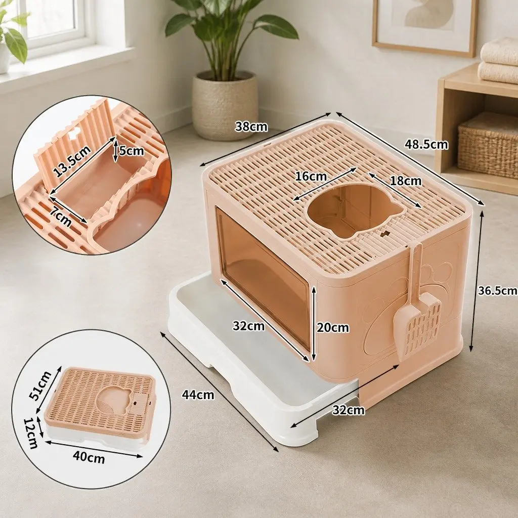 Foldable Cat Litter Box Enclosed Tray with Entry Exit Door Removable Drawer 48.5cm L x 38cm W x 36.5cm H