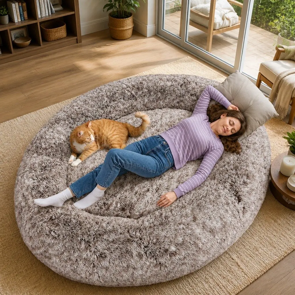 Human Size Pet Bed 1.8m Fluffy Nap Bed Faux Fur Floor Lounger Removable Cover