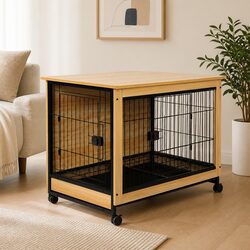 Wooden Dog Kennel Side End Table Pet Crate Large Removable Tray Two Doors