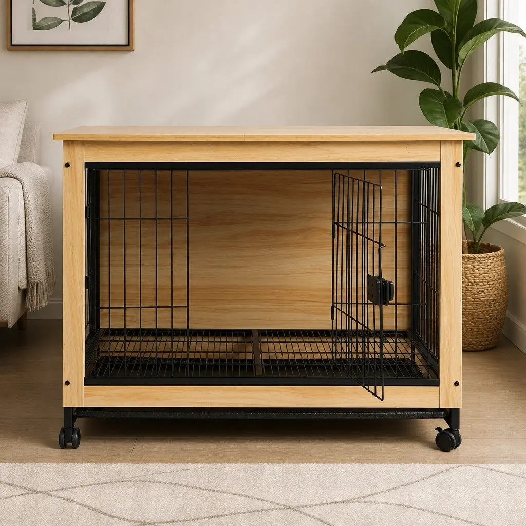 Wooden Dog Kennel Side End Table Large with Two Doors and Removable Tray