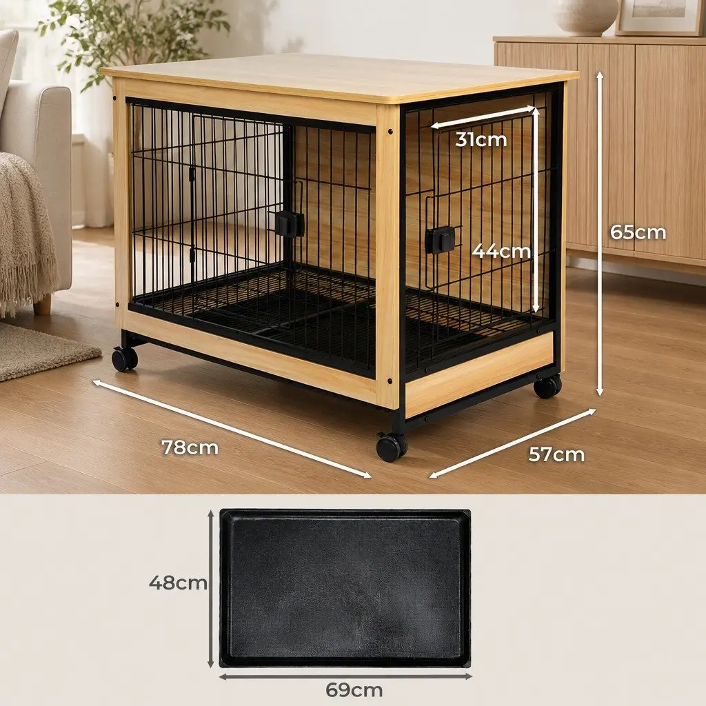 Wooden Dog Kennel Side End Table Large with Two Doors and Removable Tray