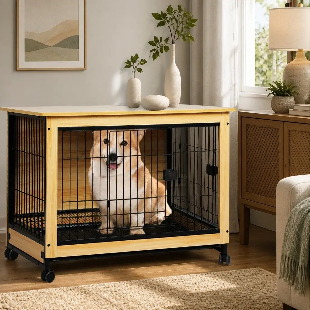 Wooden Dog Kennel Side End Table Large with Two Doors and Removable Tray