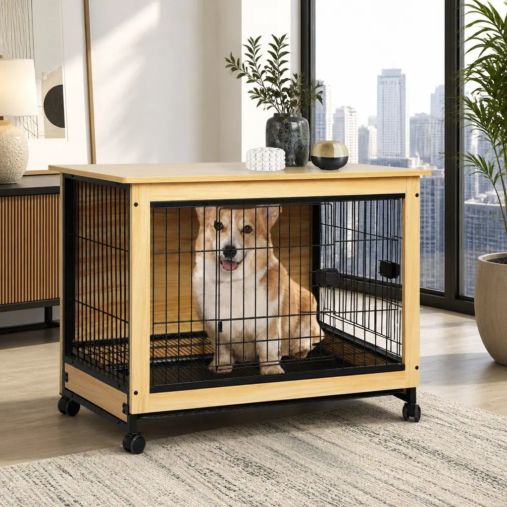 Wooden Dog Kennel Side End Table Large with Two Doors and Removable Tray