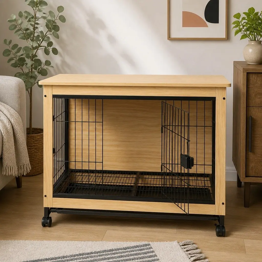 Wooden Dog Kennel Pet Crate End Table Medium M Size Two Doors Removable Tray