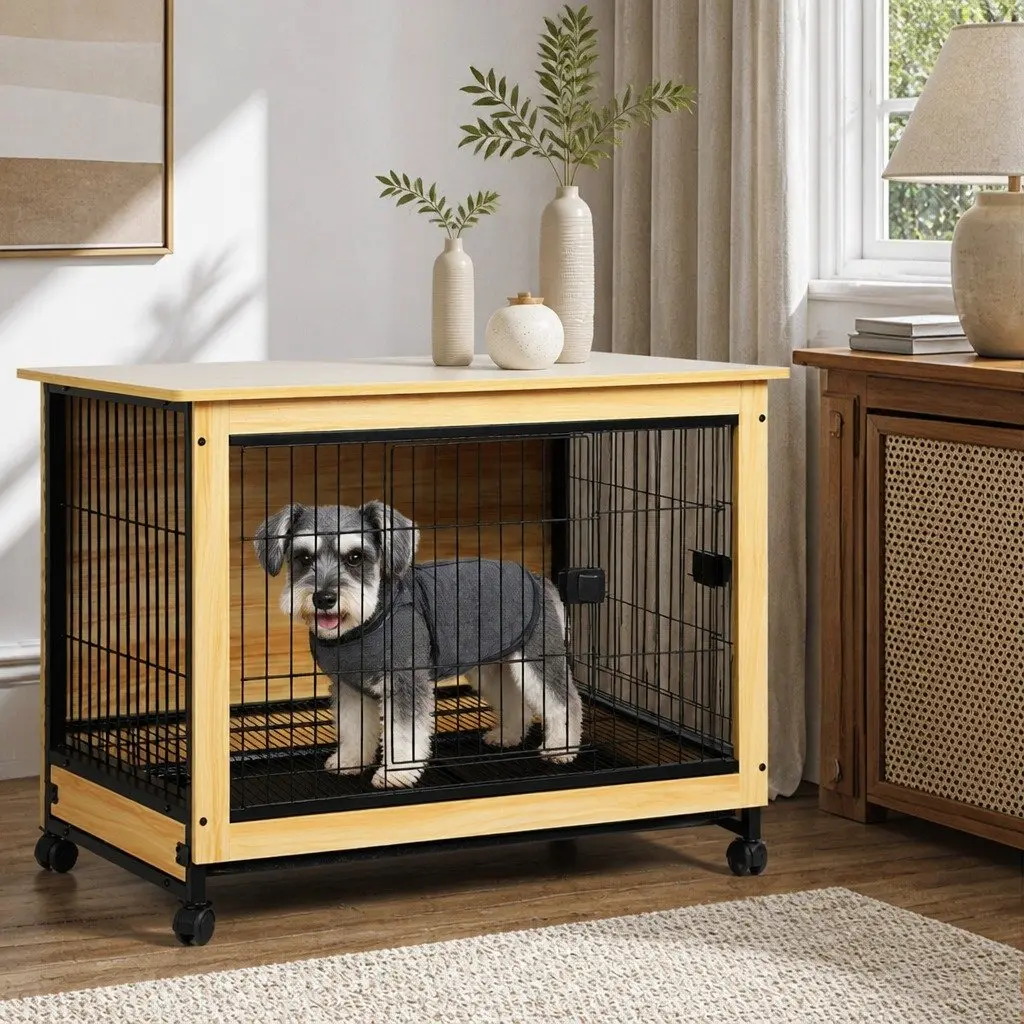 Wooden Dog Kennel Pet Crate End Table Medium M Size Two Doors Removable Tray