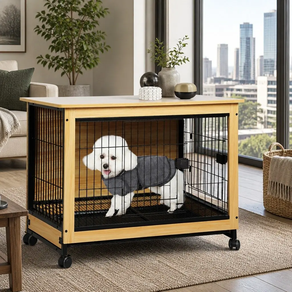 Wooden Dog Kennel Pet Crate End Table Medium M Size Two Doors Removable Tray