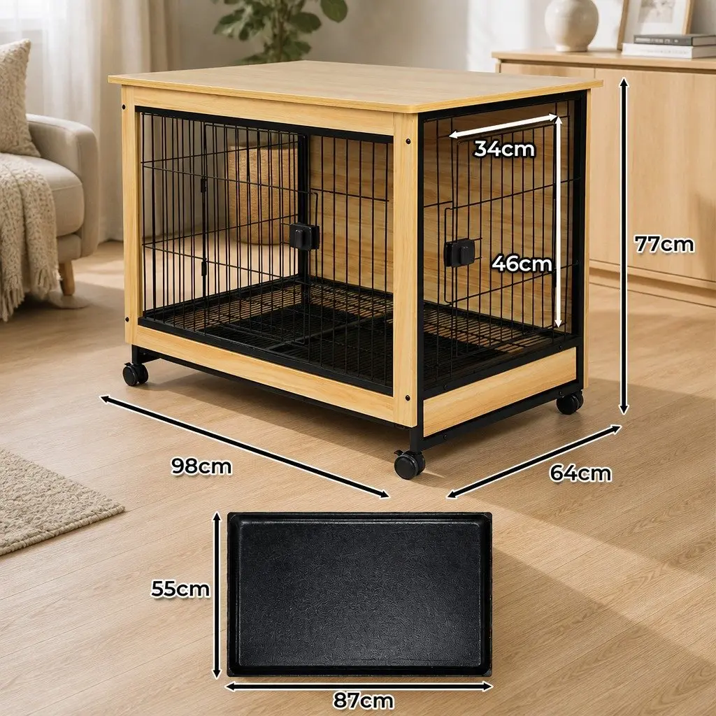 Wooden Dog Kennel Side End Table XL Pet Crate Two Doors Removable Tray