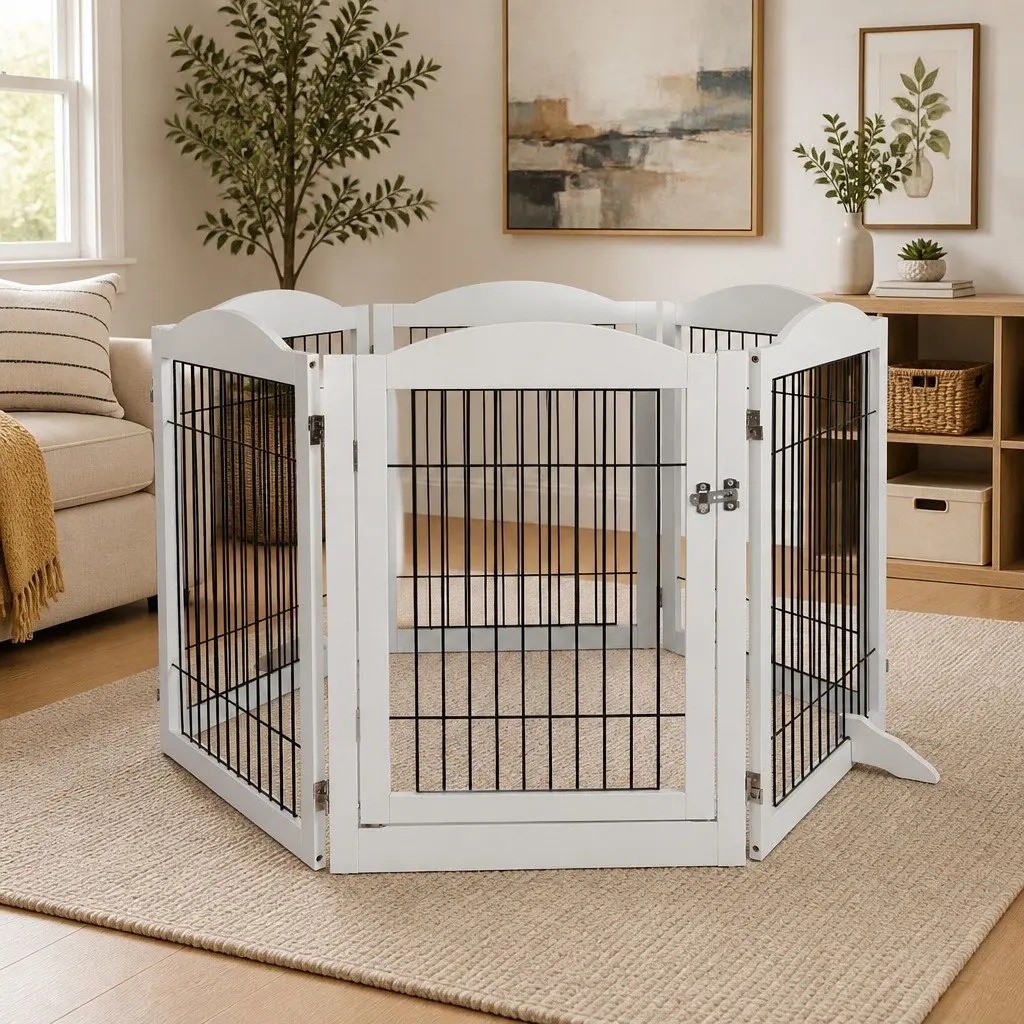 Pet Dog Playpen Foldable 6 Panels Indoor Outdoor Enclosure White