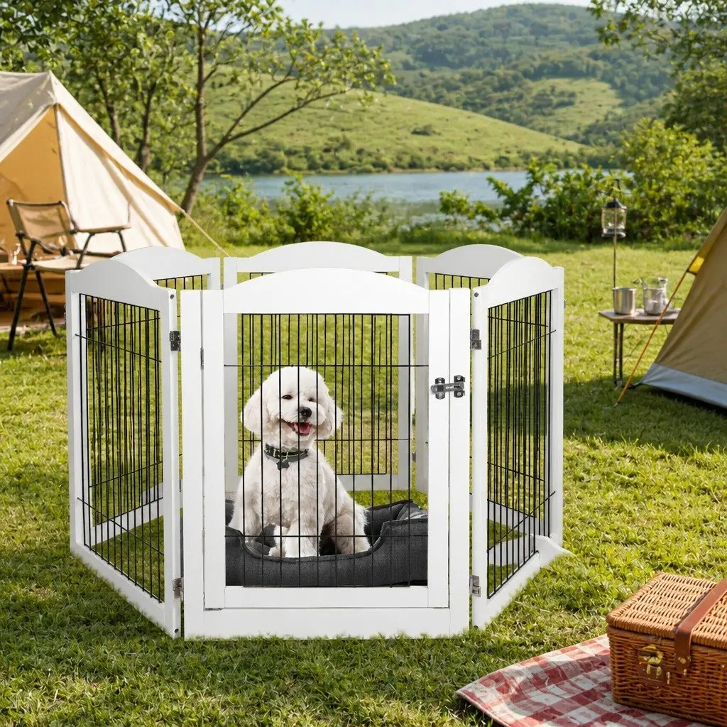 Pet Dog Playpen Foldable 6 Panels Indoor Outdoor Enclosure White