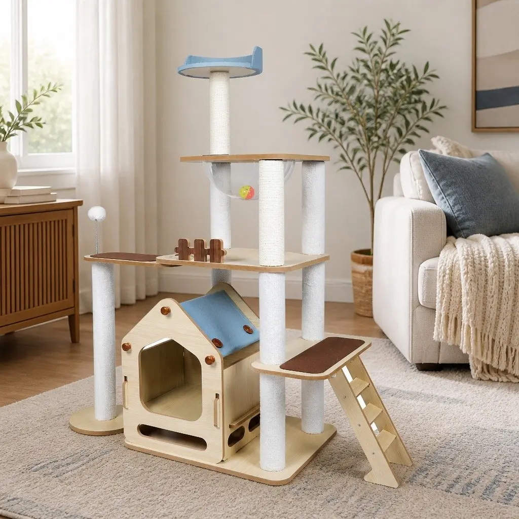Cat Tree Multi-Level Scratching Post Tower with Platforms and Sleeping Den 120cm L x 48cm W x 138cm H