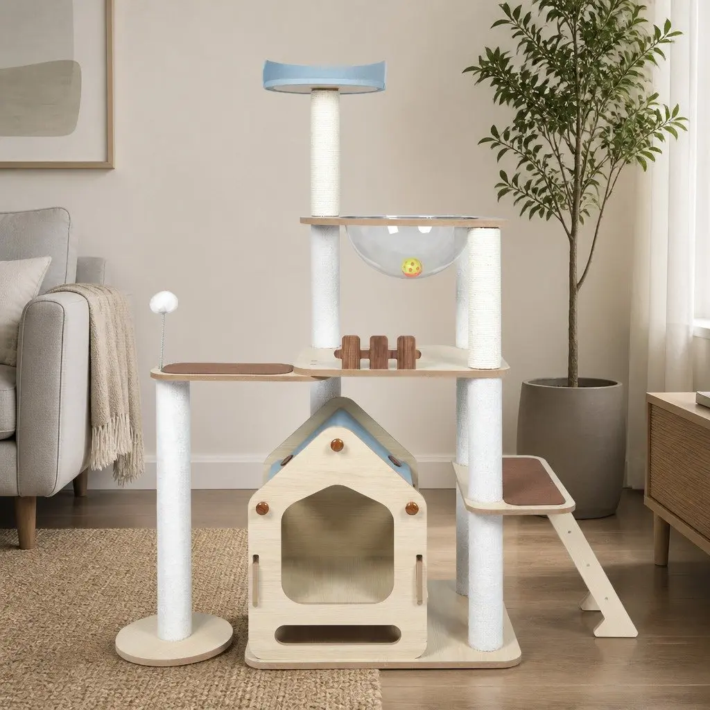 Cat Tree Multi-Level Scratching Post Tower with Platforms and Sleeping Den 120cm L x 48cm W x 138cm H