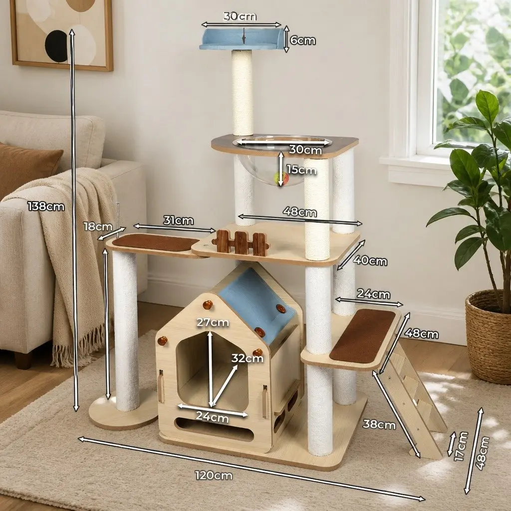Cat Tree Multi-Level Scratching Post Tower with Platforms and Sleeping Den 120cm L x 48cm W x 138cm H