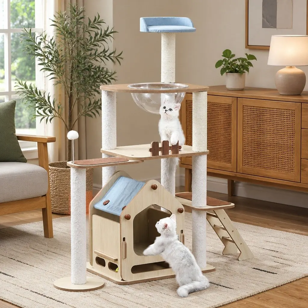 Cat Tree Multi-Level Scratching Post Tower with Platforms and Sleeping Den 120cm L x 48cm W x 138cm H