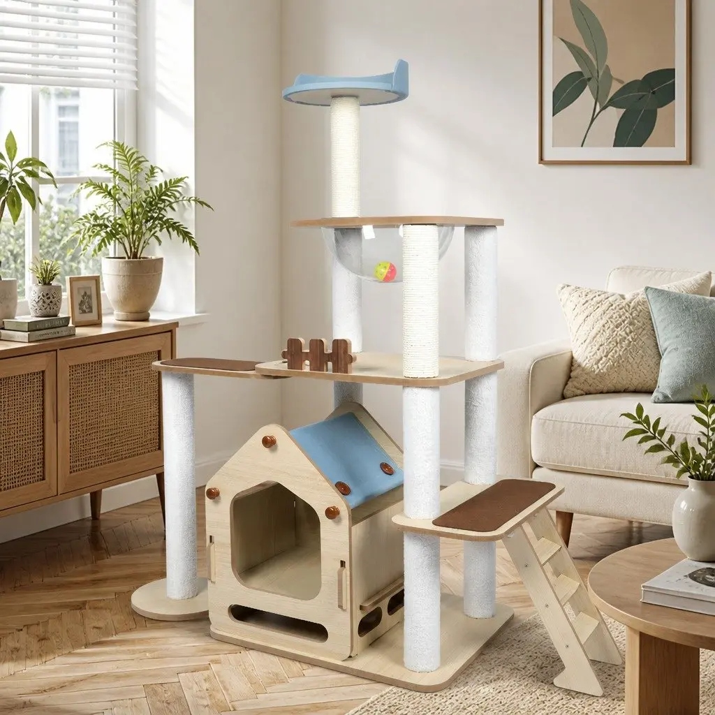 Cat Tree Multi-Level Scratching Post Tower with Platforms and Sleeping Den 120cm L x 48cm W x 138cm H