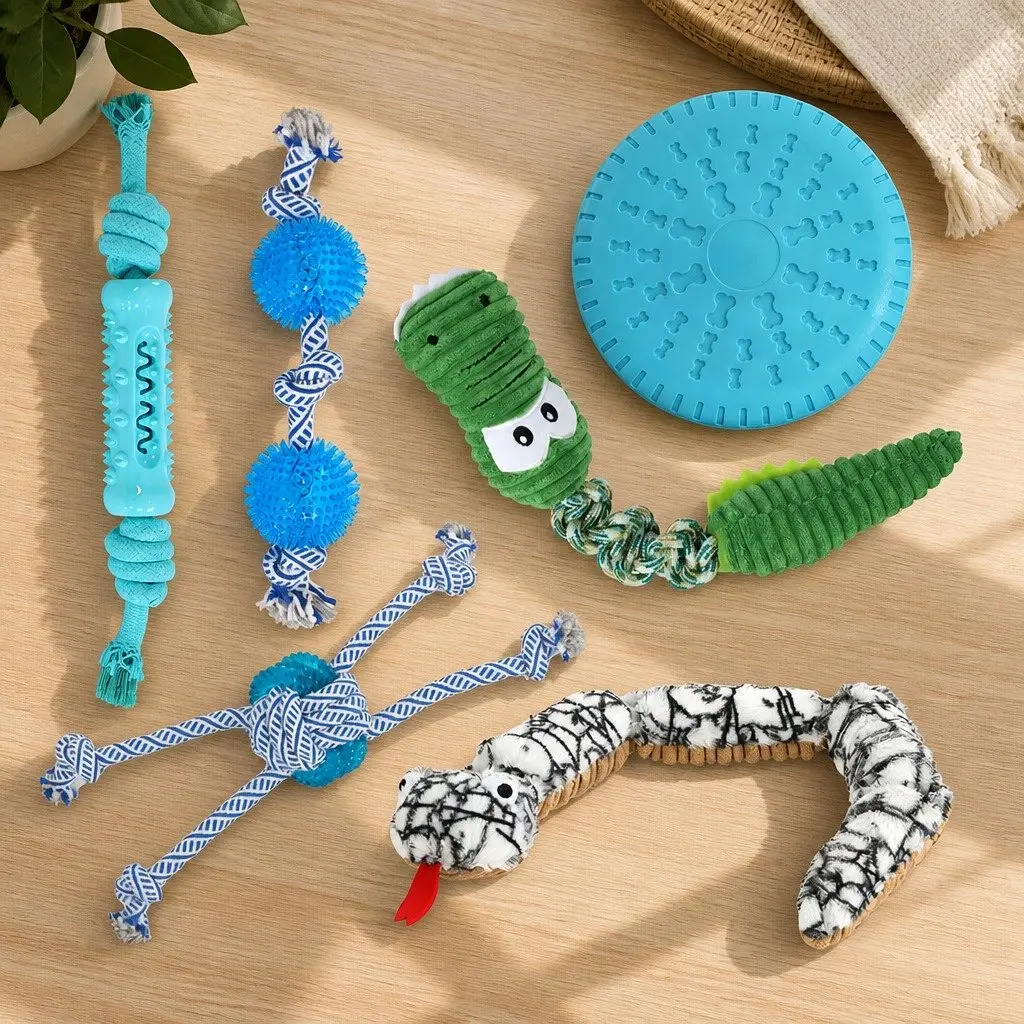 Dog Chew Toys Set Squeaky Rope Frisbee 6 Piece