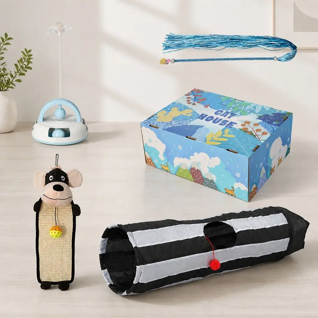 Cat Toy Set Interactive Tunnel Scratching Pad Wand Feather 5 Piece