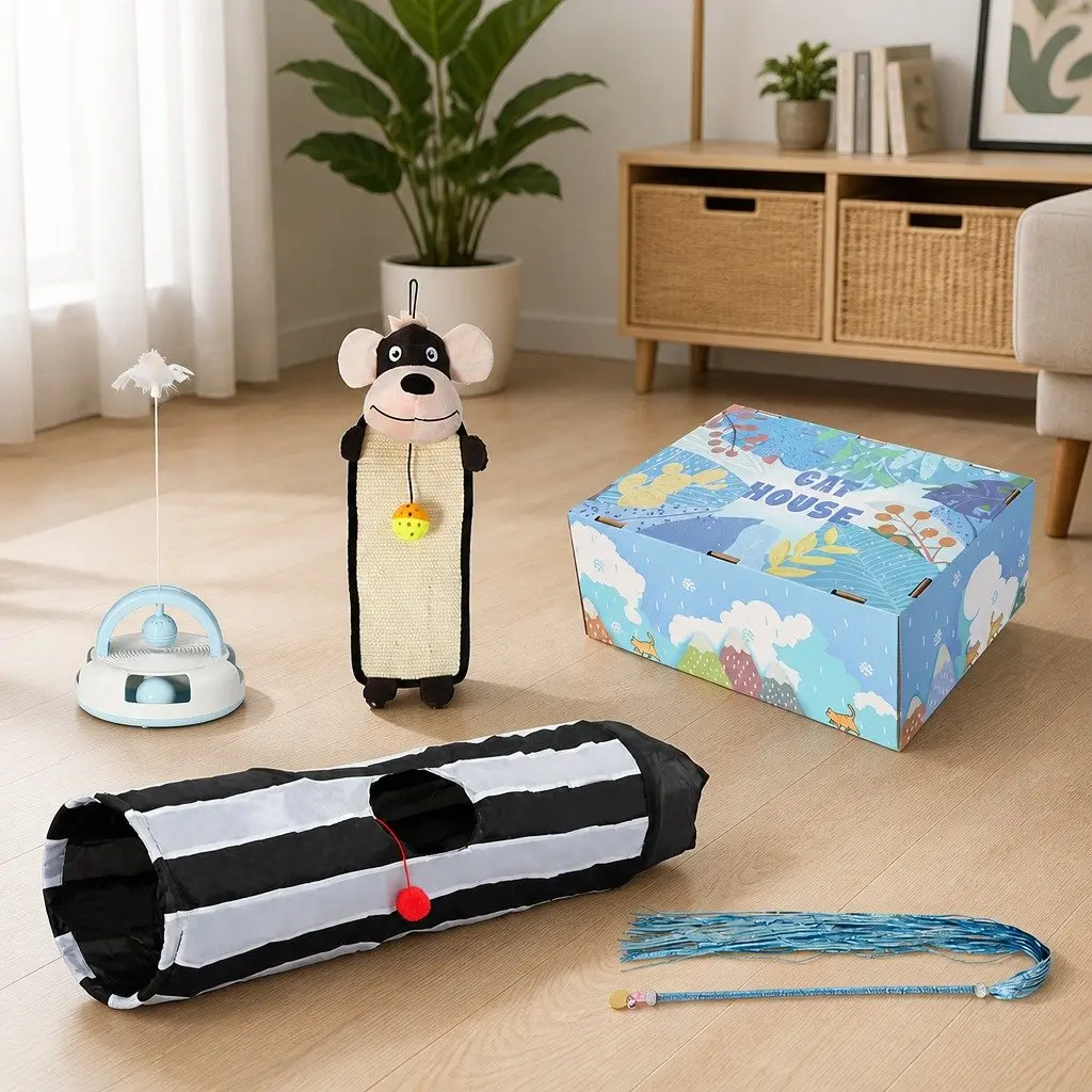 Cat Toy Set Interactive Tunnel Scratching Pad Wand Feather 5 Piece